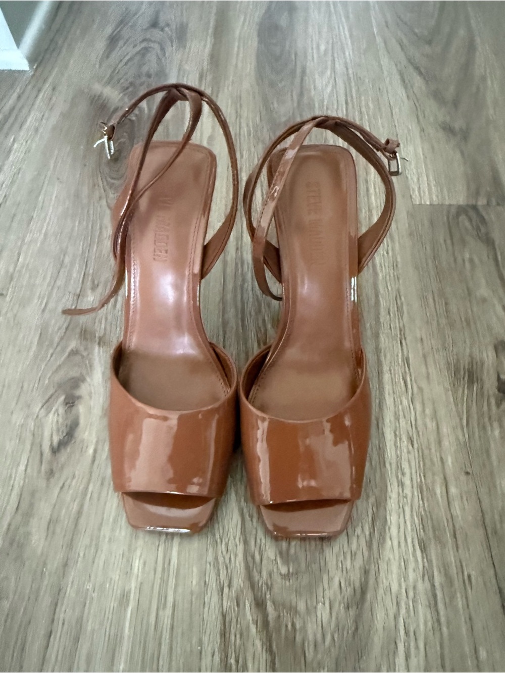 Steve Madden Brown Patent Square-Toe Ankle-Strap Heels